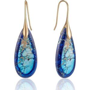Dark Blue-Gold Color Hook Stone Fishhook Dangle Drop Earrings
